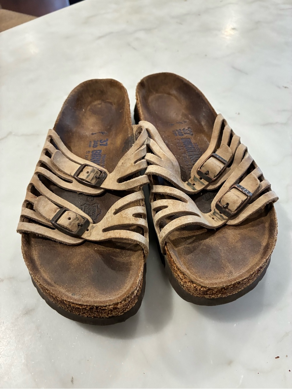 Birkenstock Beige Suede Slide Sandals Cork Footbed Buckle EU 37 Regular